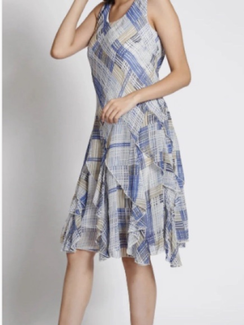 Sleeveless Blue & Cream Plaid A-Line Dress